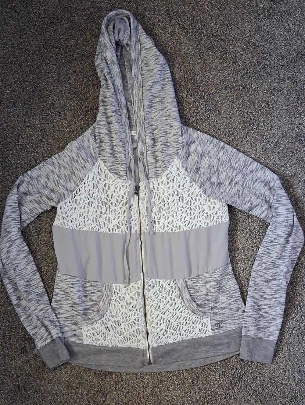 Miss Me Lightweight Crocheted Full Zip Hoodie Gray White Medium